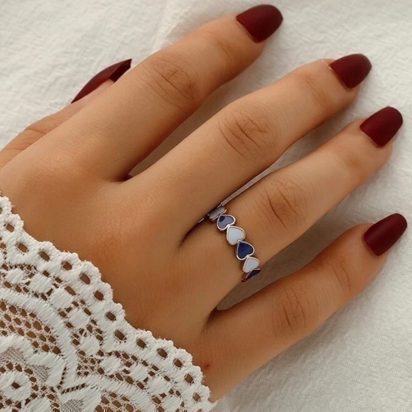 Jewelry - Heart Cuff Ring Adjustable Silver Plated Blue White